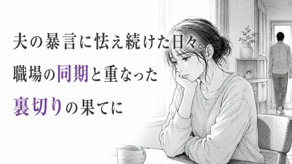 食卓でうつむく女性と背を向けて立ち去る夫を描いた、暴言への恐怖と裏切りを象徴するモノクロ漫画
