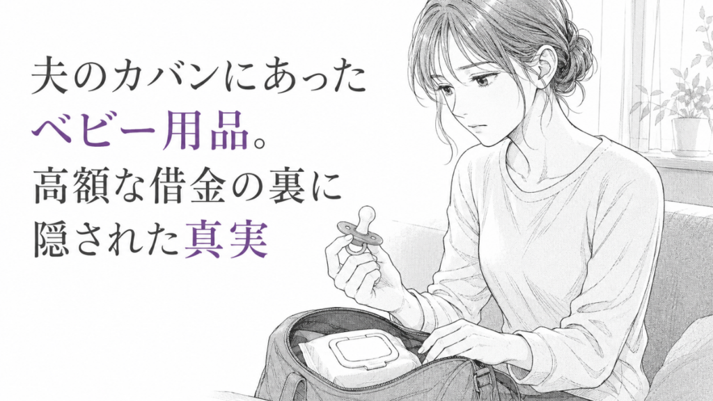 夫のカバンから見つけたおしゃぶりを手に、借金と不倫の真実に戸惑う女性のモノクロ漫画イラスト