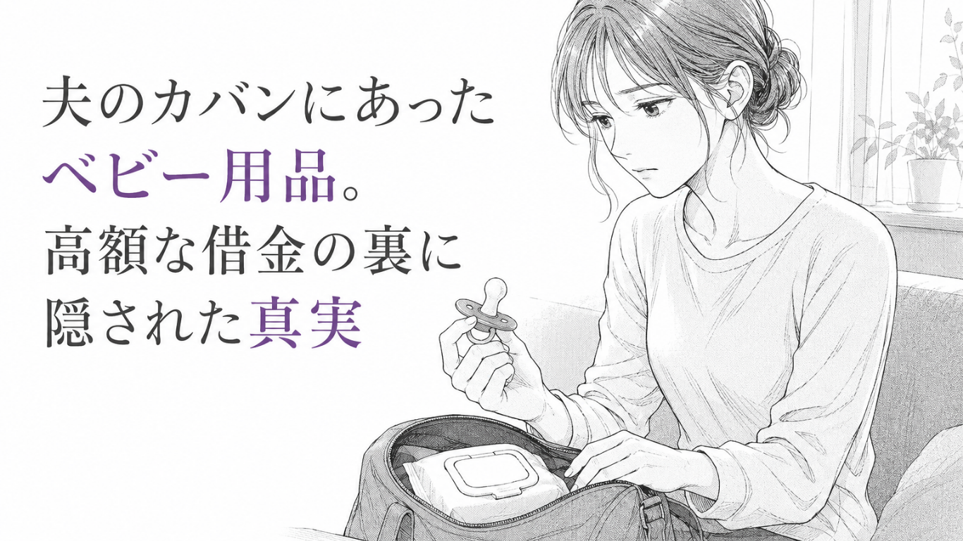 夫のカバンから見つけたおしゃぶりを手に、借金と不倫の真実に戸惑う女性のモノクロ漫画イラスト