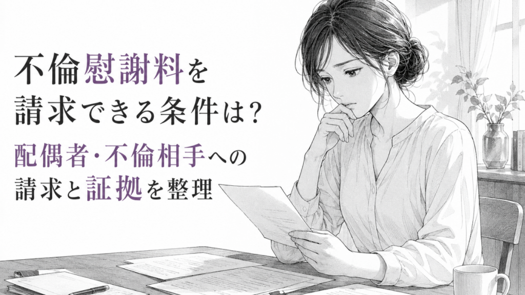 書類を手に今後の対応を考える女性を描いた、不倫慰謝料と証拠整理がテーマのモノクロ漫画イラスト