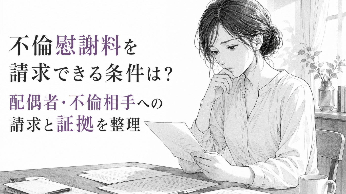 書類を手に今後の対応を考える女性を描いた、不倫慰謝料と証拠整理がテーマのモノクロ漫画イラスト
