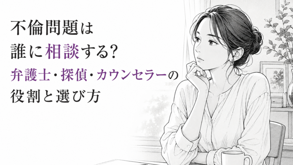不倫問題の相談先を考えながら、静かな室内で思案する女性のモノクロ漫画イラスト