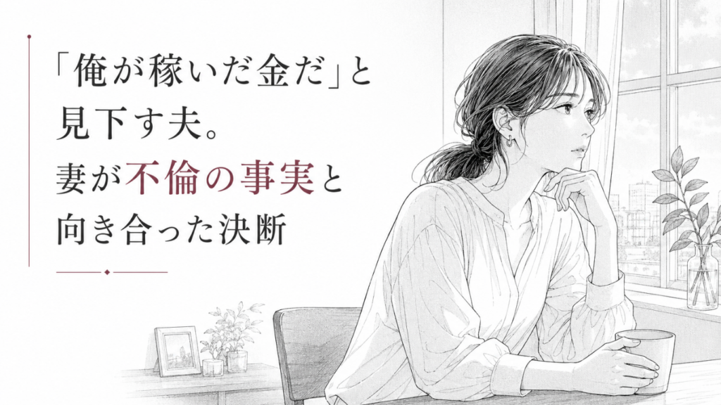 窓辺でカップを手に遠くを見つめる女性。夫の不倫と支配的な言葉に向き合い、決断を固める静かな表情