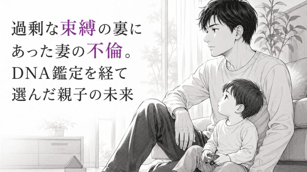 静かな室内で幼い子どもに寄り添い、DNA鑑定後の未来を見つめる父親のモノクロ漫画イラスト