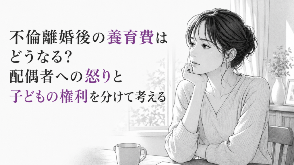 不倫離婚後の養育費について、怒りを抱えながら子どもの権利を考える女性のモノクロ漫画イラスト