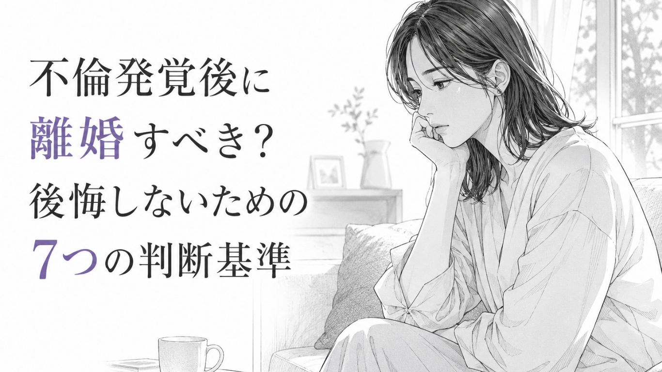 不倫発覚後の離婚に迷い、静かなリビングで将来を思い悩む女性のモノクロ漫画イラスト
