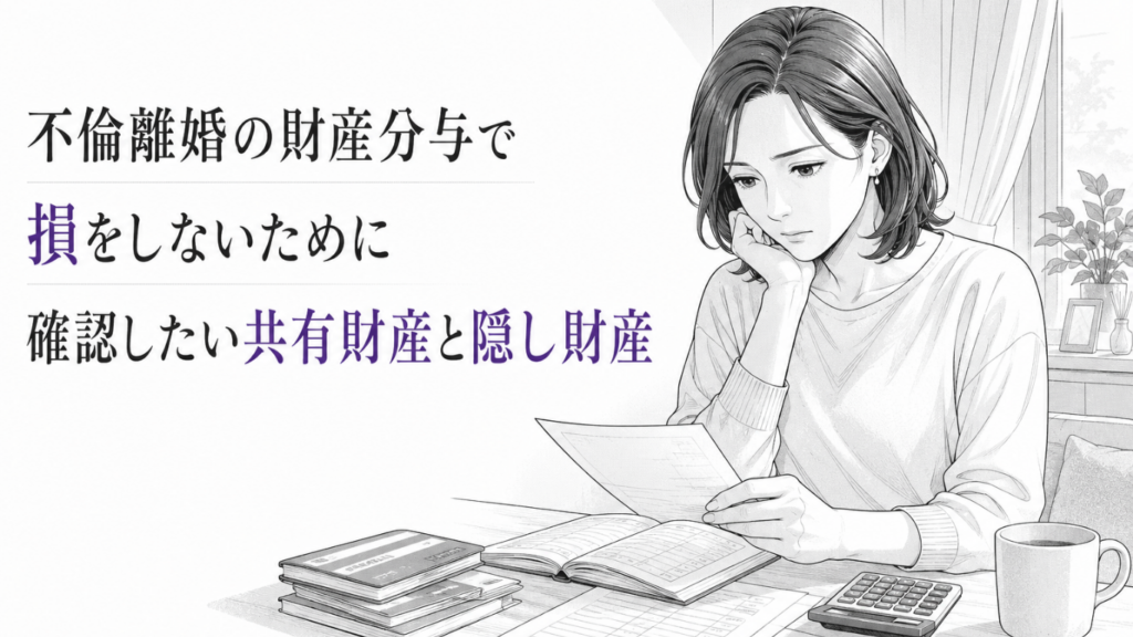 財産資料を手に、共有財産と隠し財産を冷静に確認する女性を描いたモノクロ漫画イラスト