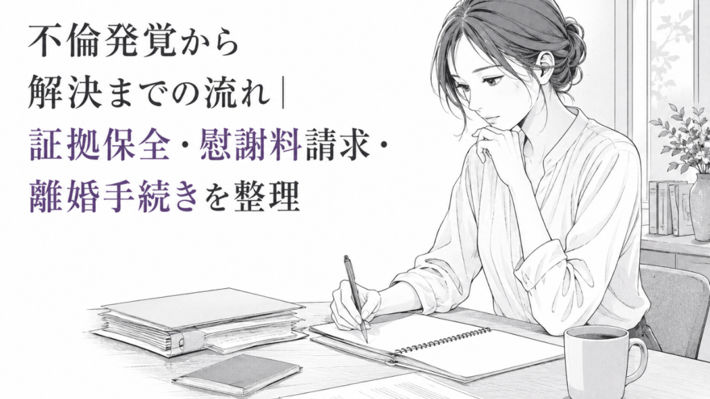 不倫発覚後の対応手順を整理しながら、机で資料を確認する女性のモノクロ漫画イラスト