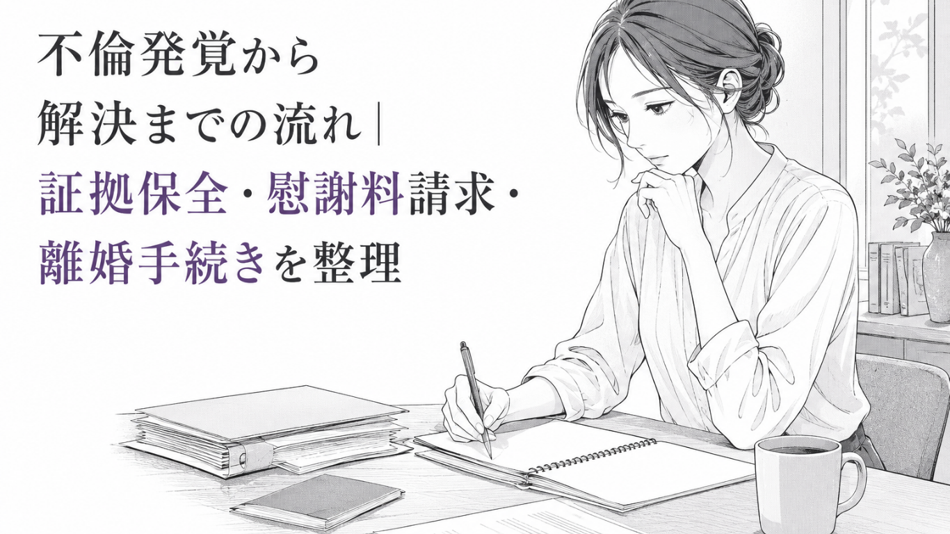 不倫発覚後の対応手順を整理しながら、机で資料を確認する女性のモノクロ漫画イラスト