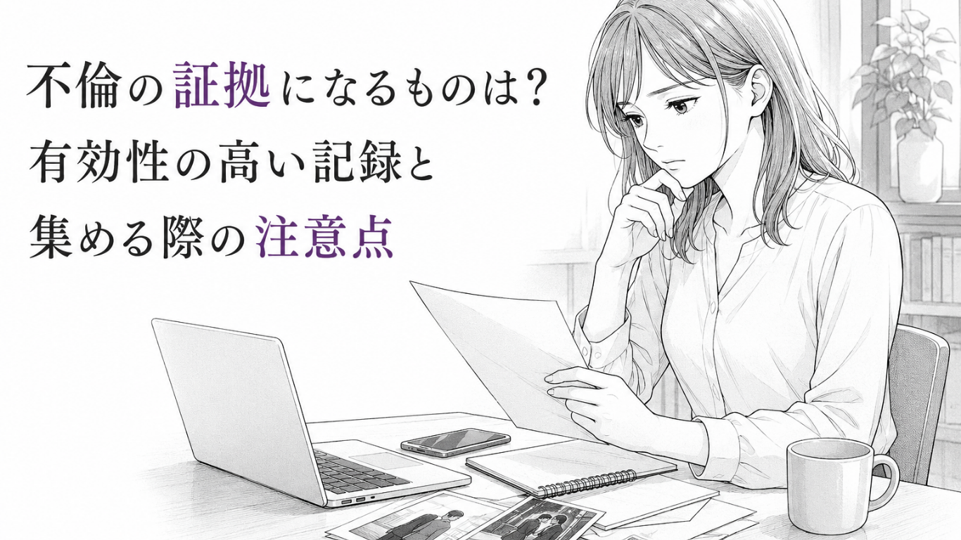 机上の書類やスマートフォンを確認しながら、不倫の証拠について慎重に考える女性のモノクロ漫画イラスト