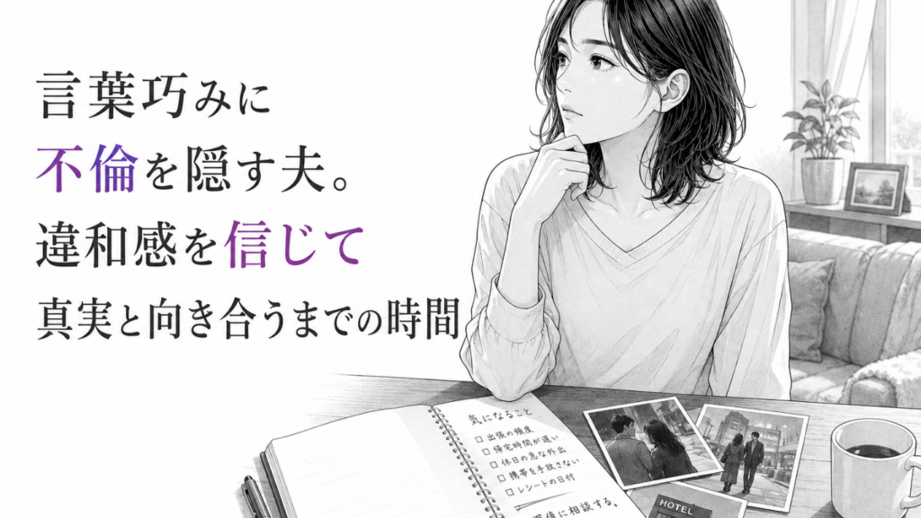 夫の言動への違和感を整理し、集めた写真や記録を前に真実と向き合う女性のモノクロ漫画イラスト