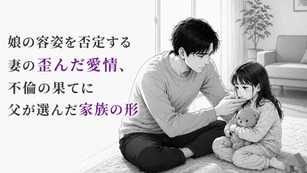 室内で傷ついた娘に寄り添い、優しく顔を支える父親を描いたモノクロ漫画イラスト