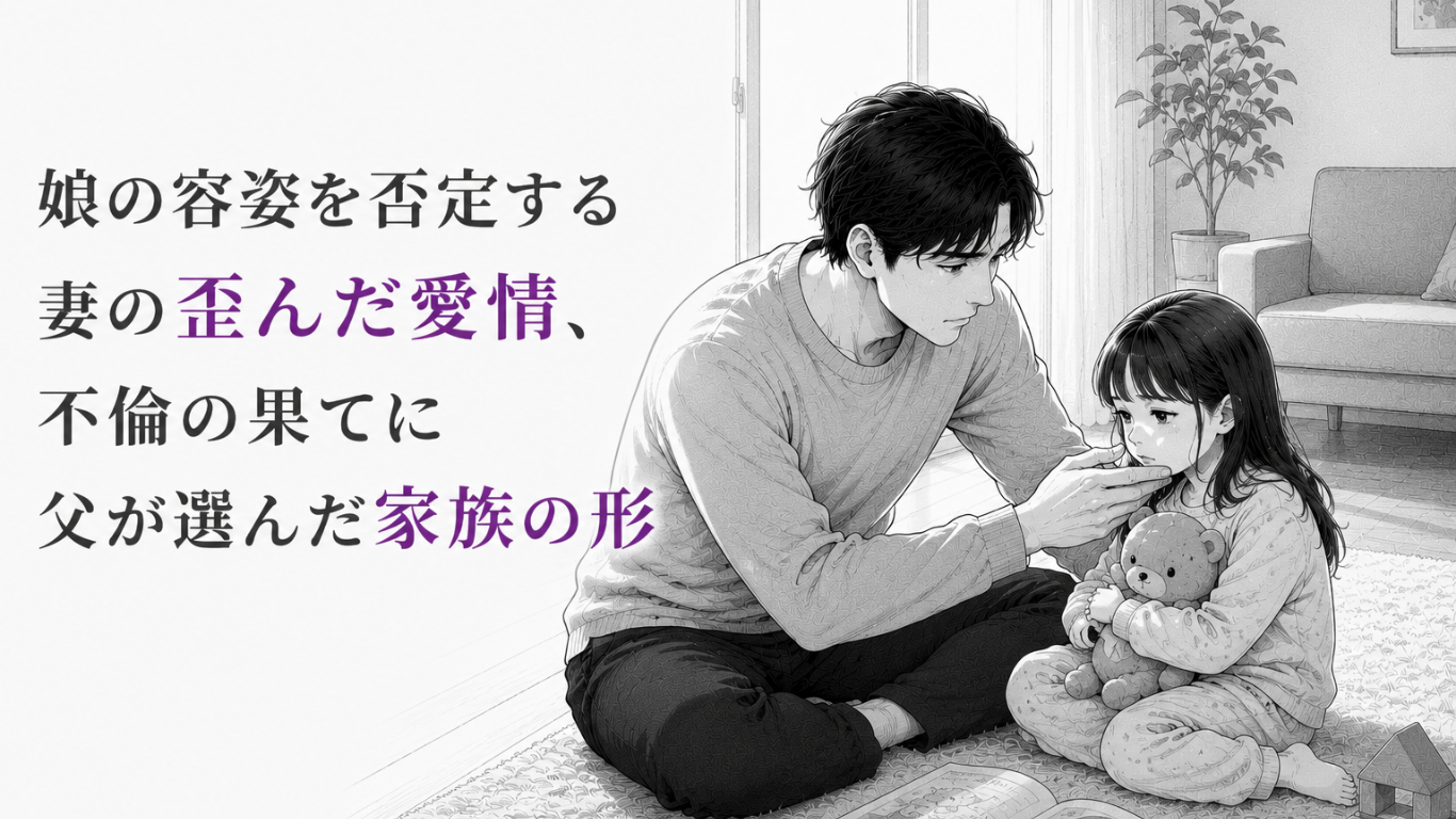 室内で傷ついた娘に寄り添い、優しく顔を支える父親を描いたモノクロ漫画イラスト