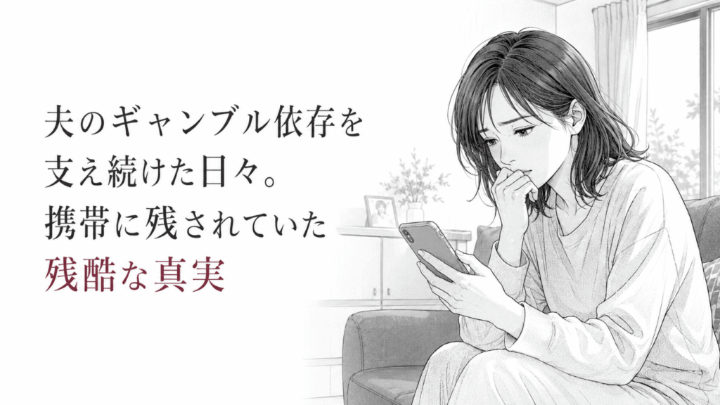 自宅のソファでスマートフォンを見つめ、夫の裏切りを知って静かに動揺する女性のモノクロ線画。