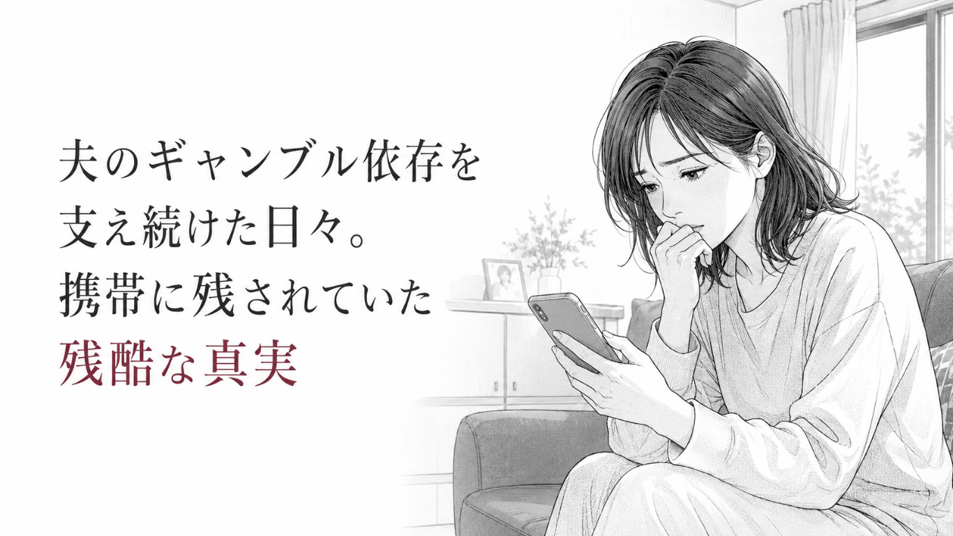 自宅のソファでスマートフォンを見つめ、夫の裏切りを知って静かに動揺する女性のモノクロ線画。