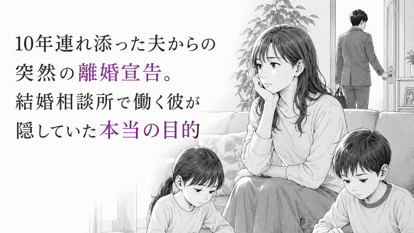 突然の離婚宣告に傷つく母親と子どもたち、家を出ていく夫を描いたモノクロ漫画イラスト
