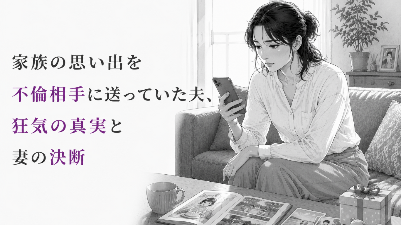 スマートフォンを見つめ、家族写真が不倫相手に共有されていた事実に苦悩する妻のモノクロ漫画イラスト