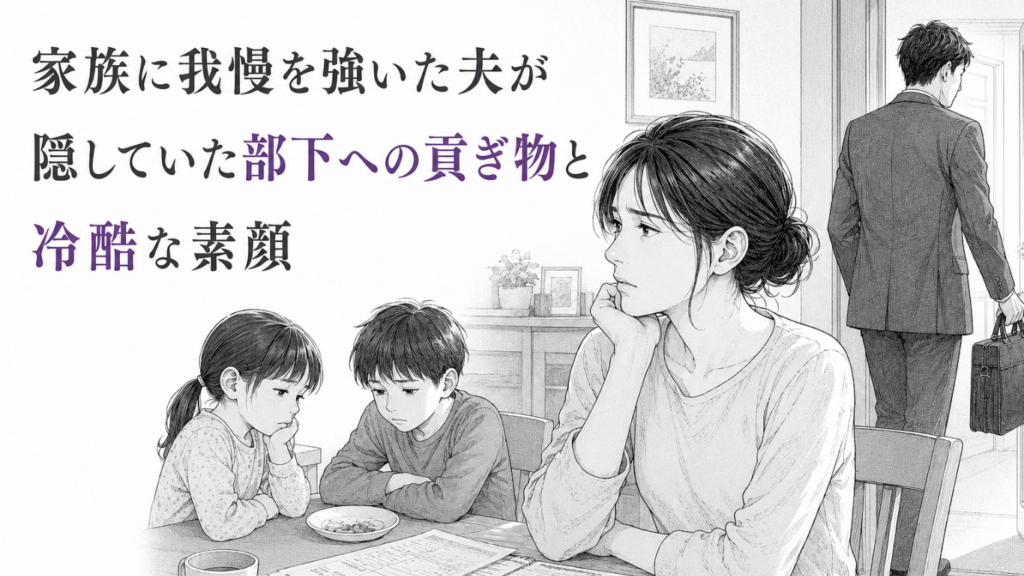 家計簿を前に悩む母親と沈んだ子供たちを残し、冷たく家を出る夫を描いたモノクロ漫画イラスト