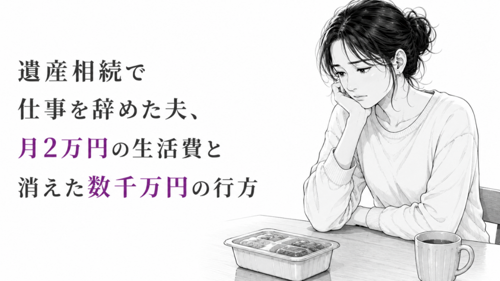 質素な食事を前に座り、夫が遺産を女性配信者へ使い込んだ現実に沈む妻のモノクロ漫画イラスト