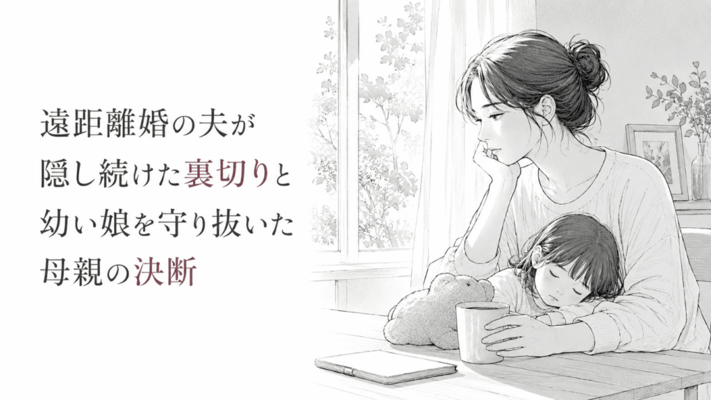 窓辺の食卓で、眠る幼い娘を抱き寄せながら静かに決意を固める母親のモノクロ線画。