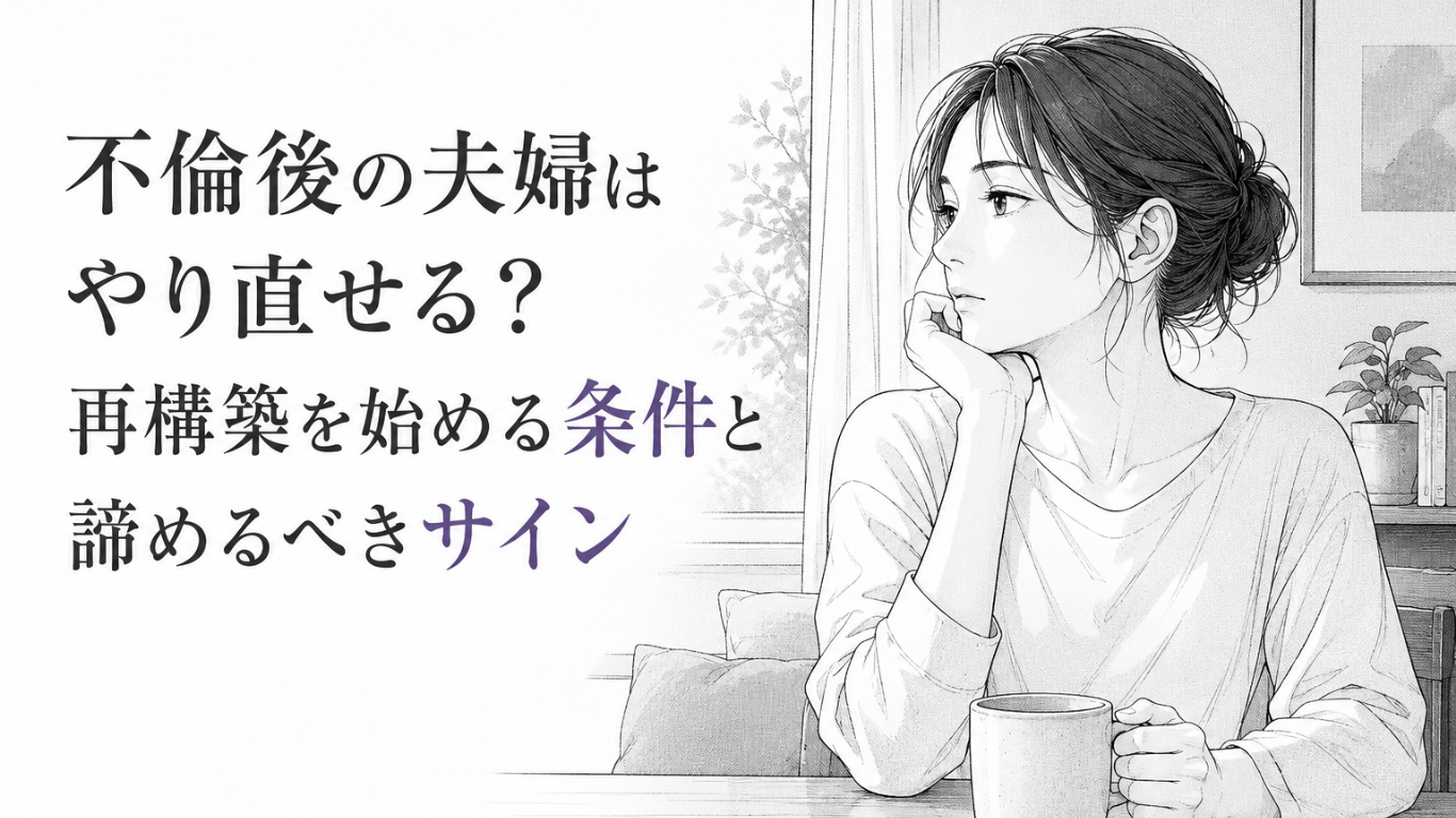 窓辺のテーブルで物思いにふける女性を描いた、夫婦関係の再構築と決断を表すモノクロ漫画イラスト