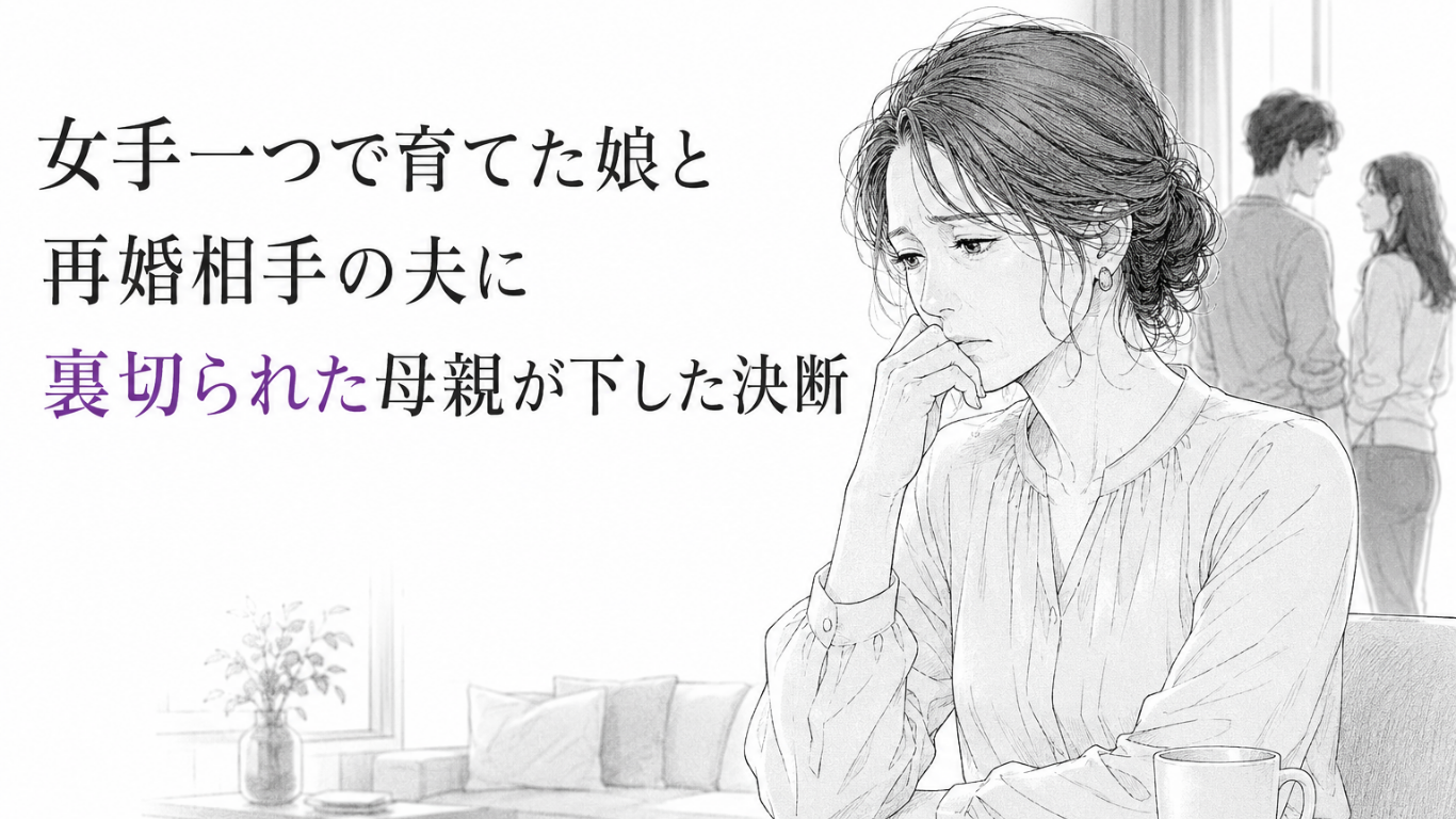 再婚相手と娘の裏切りに傷つき、食卓で静かに決意を固める母親を描いたモノクロ漫画イラスト