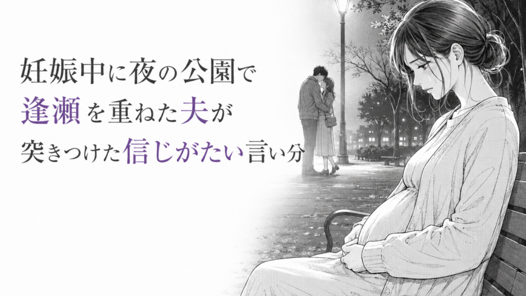 夜の公園でお腹に手を添え、遠くの夫と女性を前にうつむく妊婦のモノクロ漫画イラスト