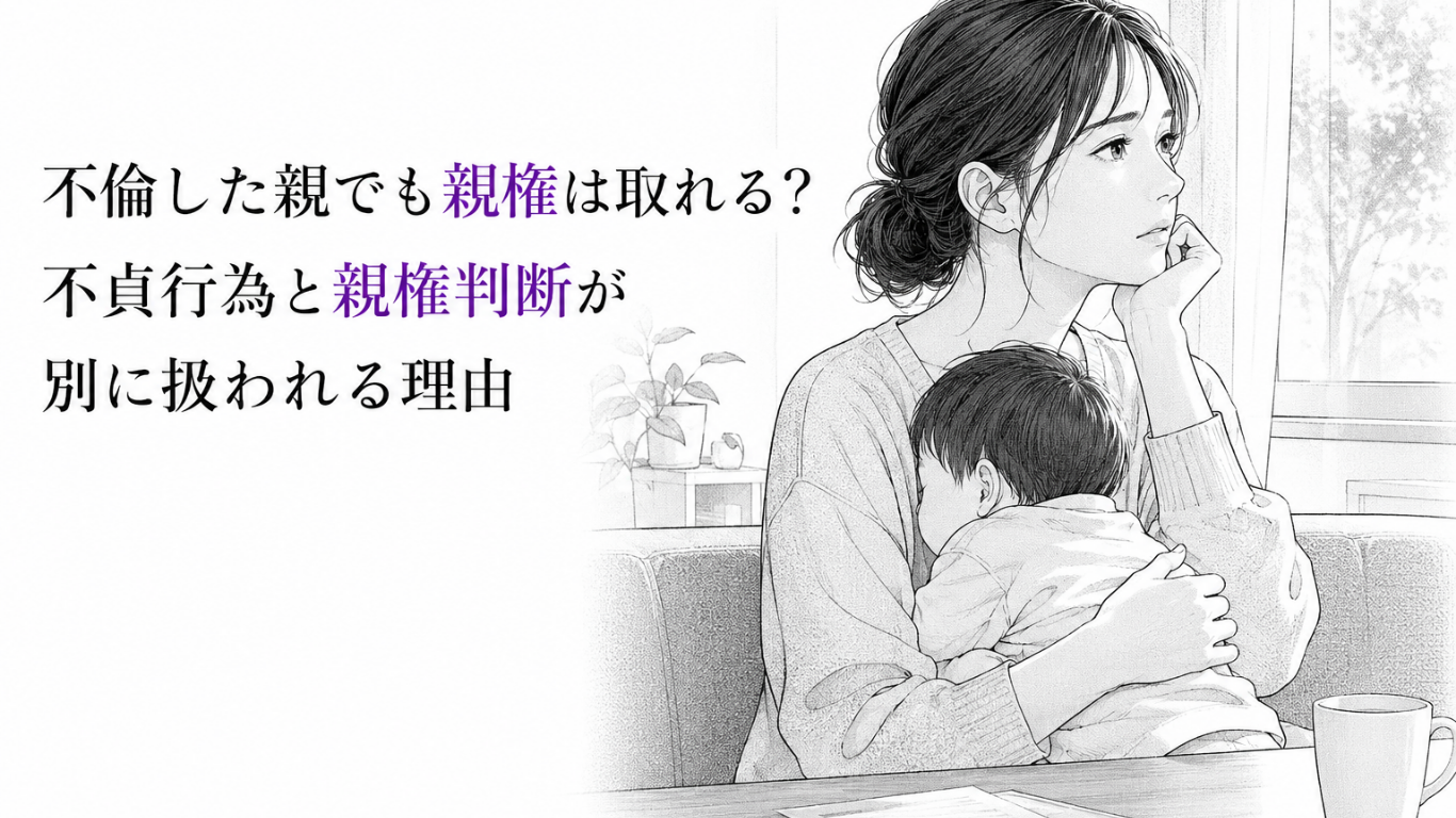 幼い子どもを抱きながら、不倫と親権の問題について静かに思い悩む女性のモノクロ漫画イラスト