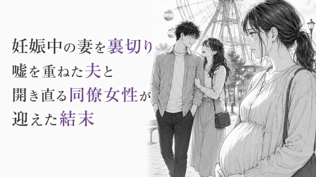 観覧車の前で寄り添う夫と同僚女性を見つめ、静かに決意を固める妊婦のモノクロ漫画イラスト