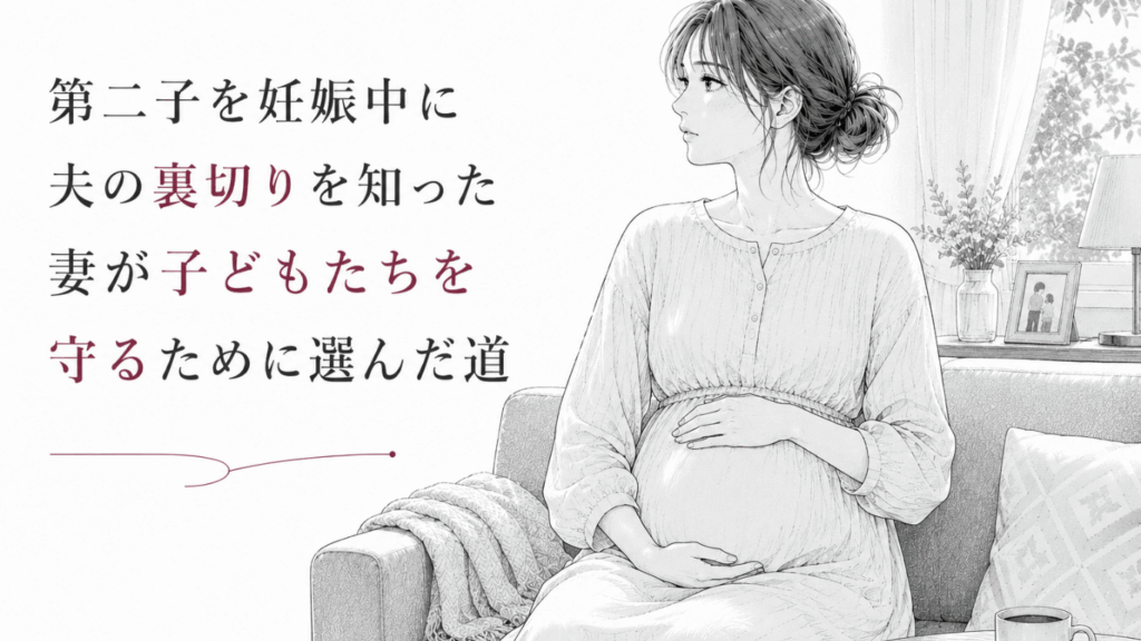 妊娠中の妻が静かな室内でお腹に手を添え、子どもたちの未来を守る決意を固める様子