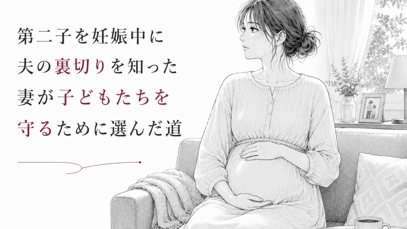 妊娠中の妻が静かな室内でお腹に手を添え、子どもたちの未来を守る決意を固める様子