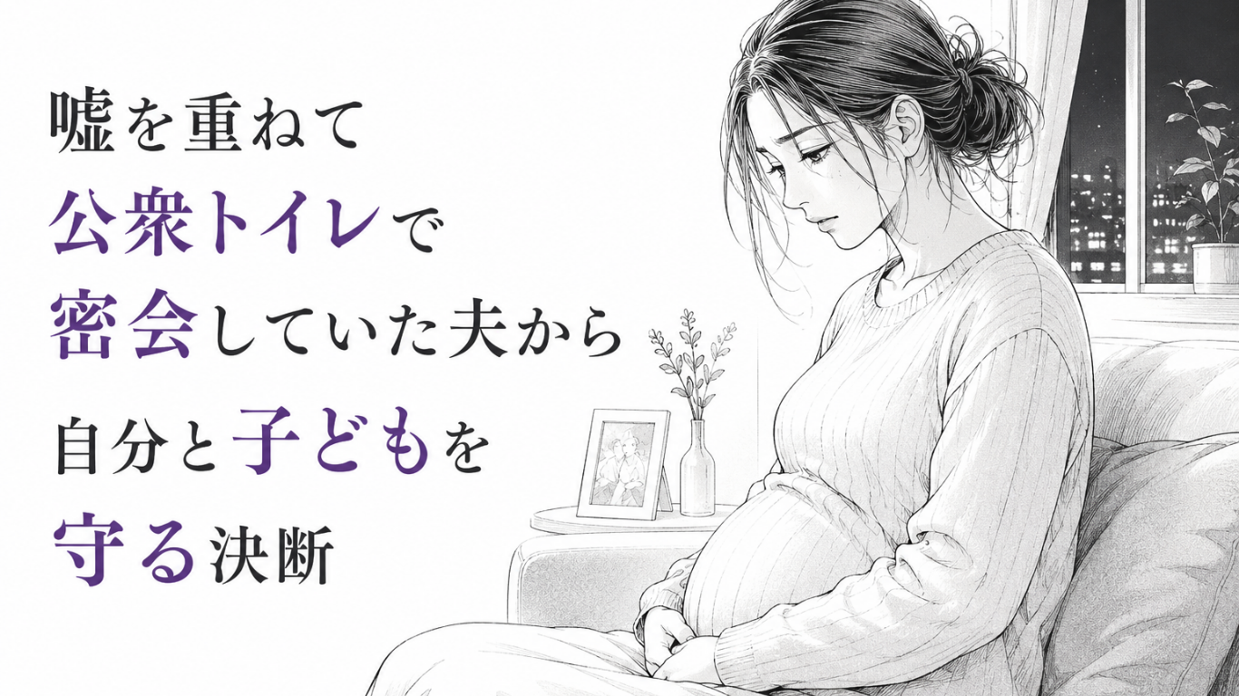 夜の室内で、お腹に手を添えながら子どもを守る決意を固める妊娠中の女性のモノクロ漫画イラスト