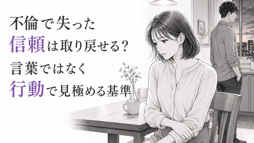 夕暮れのダイニングでうつむく女性と、窓辺で背を向ける男性の間に、裏切り後の緊張と距離感が漂うモノクロ漫画イラスト