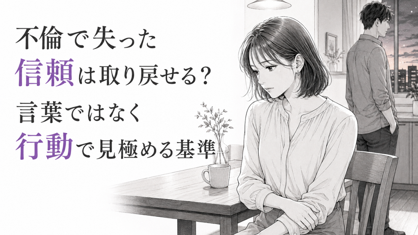 夕暮れのダイニングでうつむく女性と、窓辺で背を向ける男性の間に、裏切り後の緊張と距離感が漂うモノクロ漫画イラスト