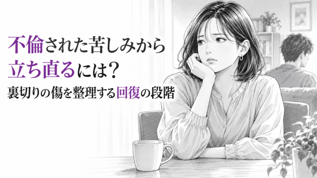 静かな室内でテーブルに頬杖をつき、離れて座る配偶者を思いながら心の傷と向き合う女性のモノクロ漫画イラスト