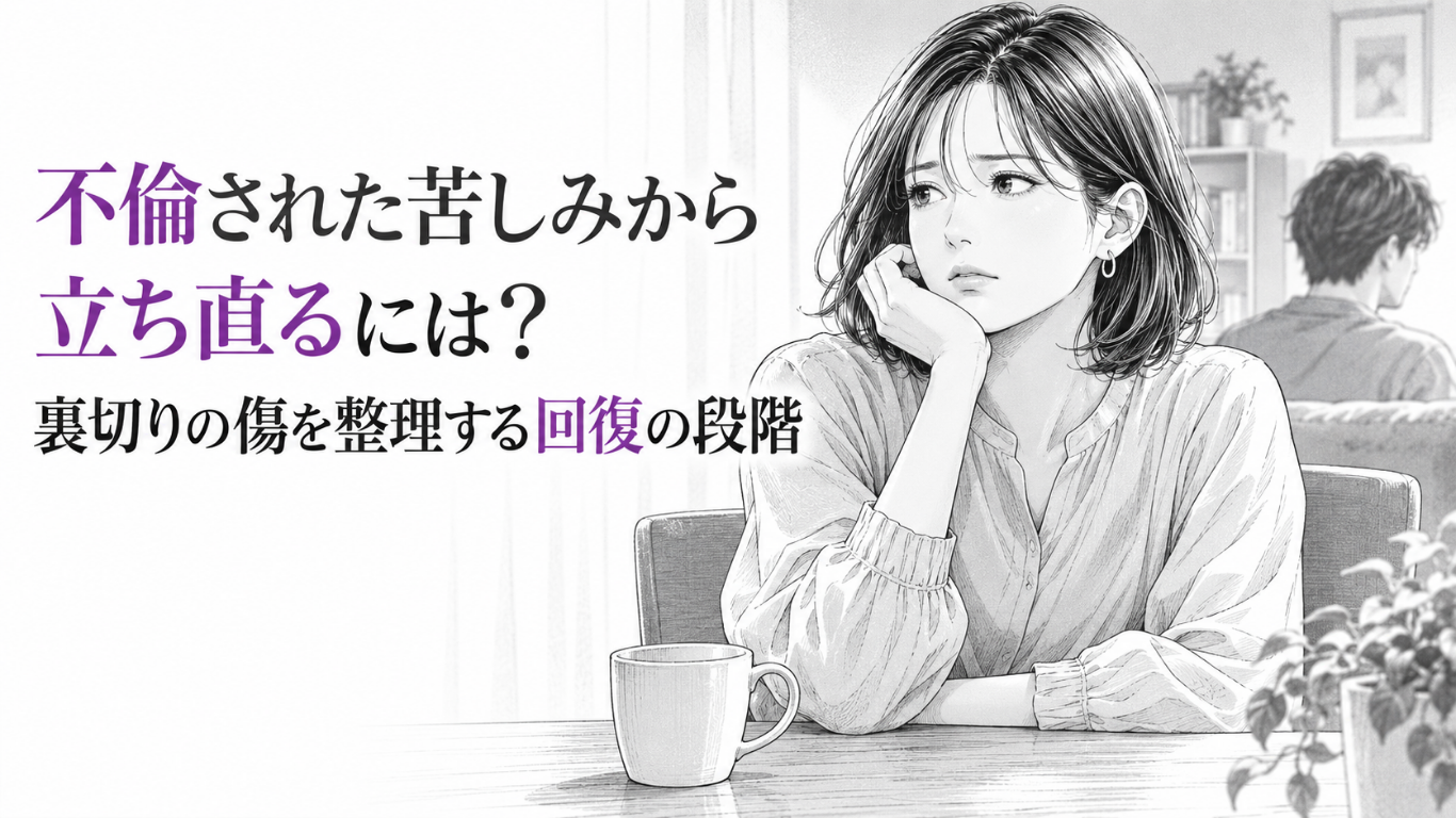 静かな室内でテーブルに頬杖をつき、離れて座る配偶者を思いながら心の傷と向き合う女性のモノクロ漫画イラスト