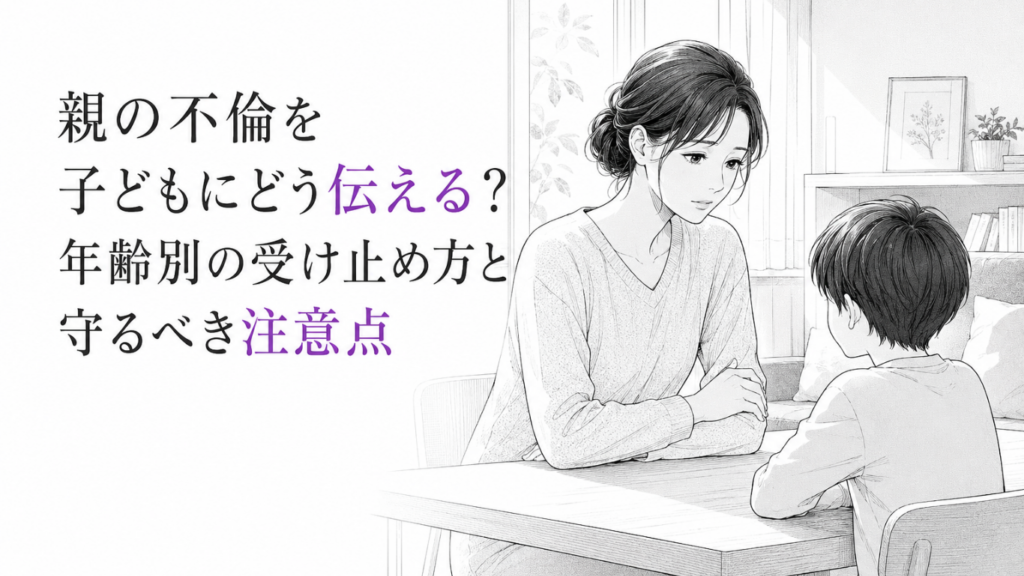 静かなリビングで、母親が向かい合う子どもに家庭の変化を慎重に伝えようとするモノクロ漫画イラスト