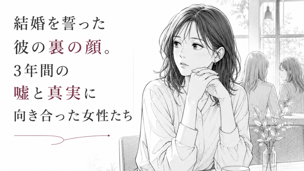 カフェで物思いに沈む女性と、背後で向き合う二人の女性が、裏切りと真実への葛藤を表す場面