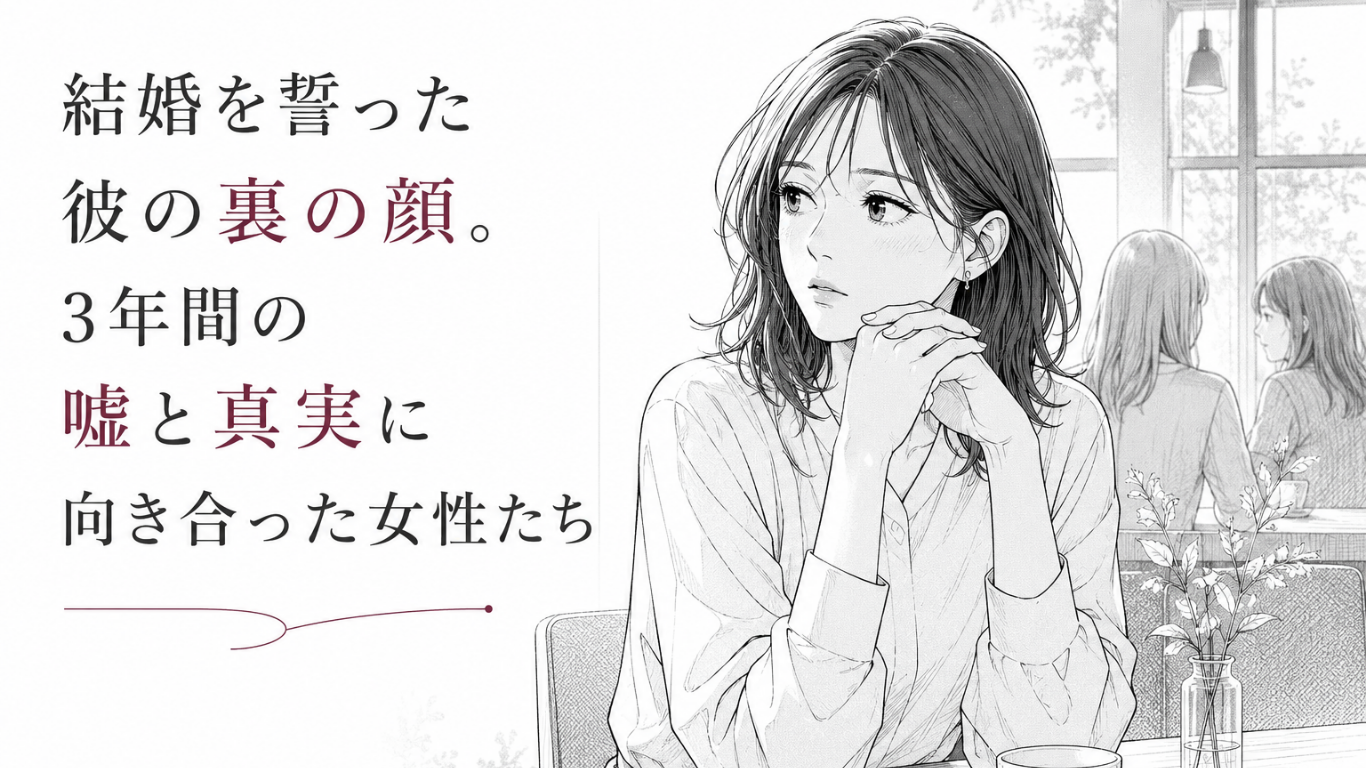カフェで物思いに沈む女性と、背後で向き合う二人の女性が、裏切りと真実への葛藤を表す場面