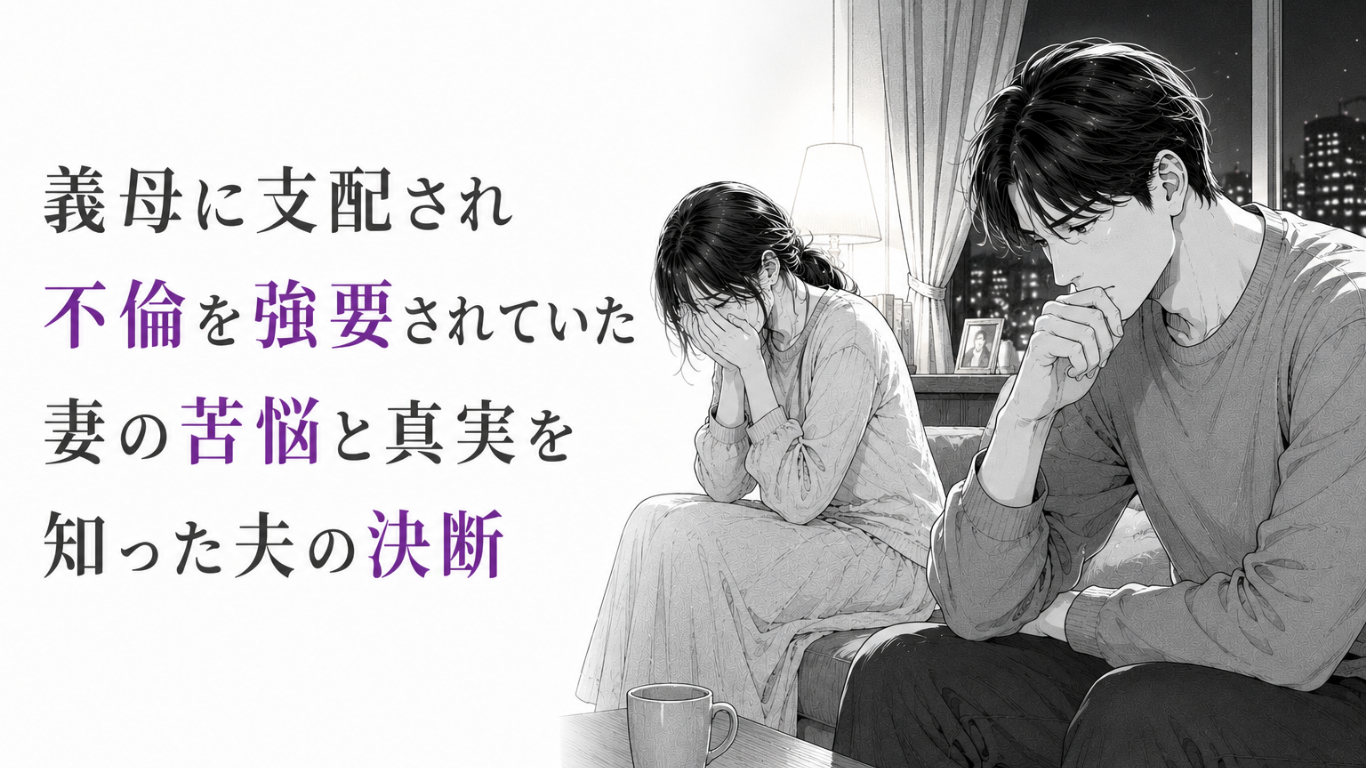 夜の室内で、義母の支配による妻の苦悩と真実を知って思い悩む夫を描いたモノクロ漫画イラスト