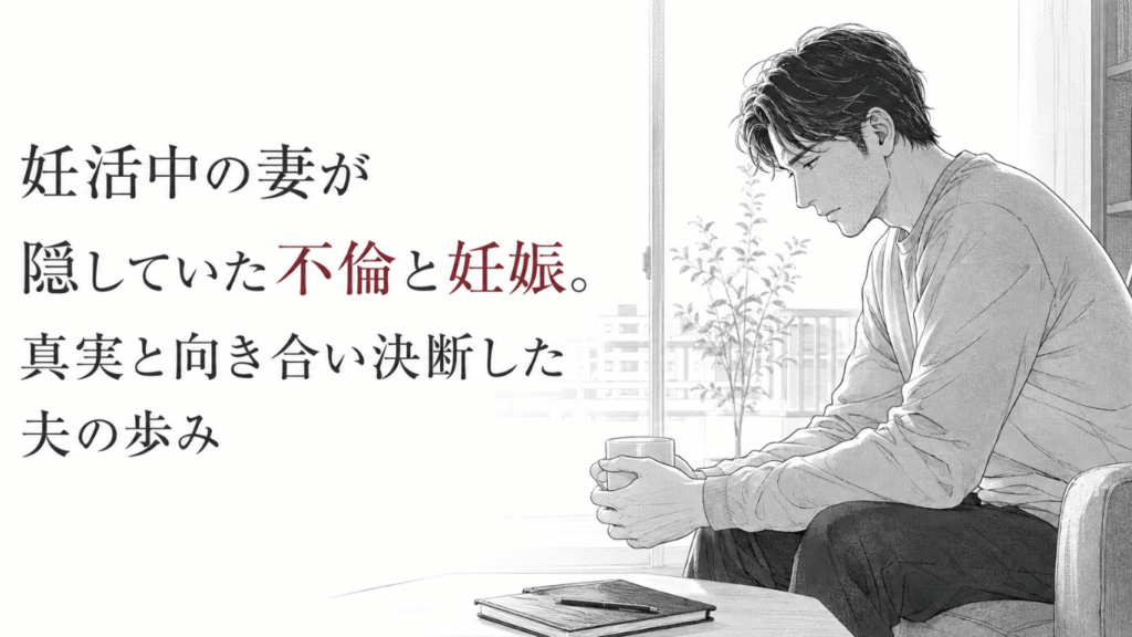明るい窓辺の椅子でマグカップを握り、うつむきながら静かに決意を固める男性のモノクロ線画