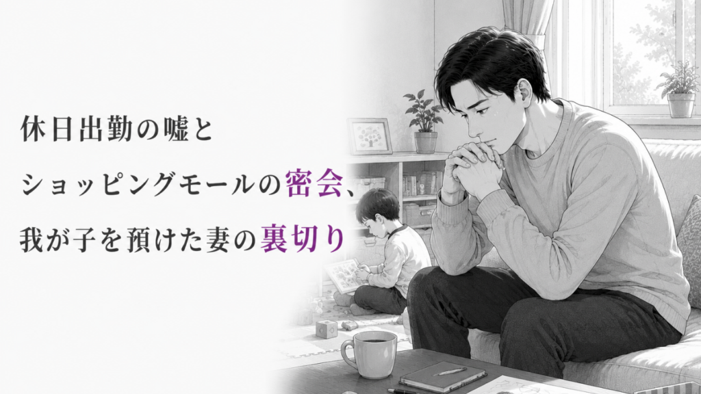 幼い子どものそばで、休日出勤を装った妻の裏切りに静かに苦悩する父親のモノクロ漫画イラスト