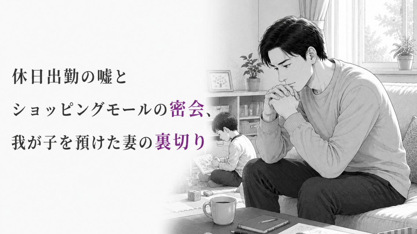 幼い子どものそばで、休日出勤を装った妻の裏切りに静かに苦悩する父親のモノクロ漫画イラスト