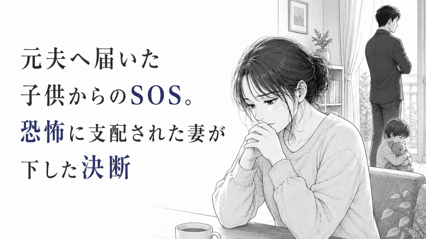 食卓で不安げにうつむく母親と、離れて座る子供、背を向ける夫を描いたモノクロ漫画イラスト