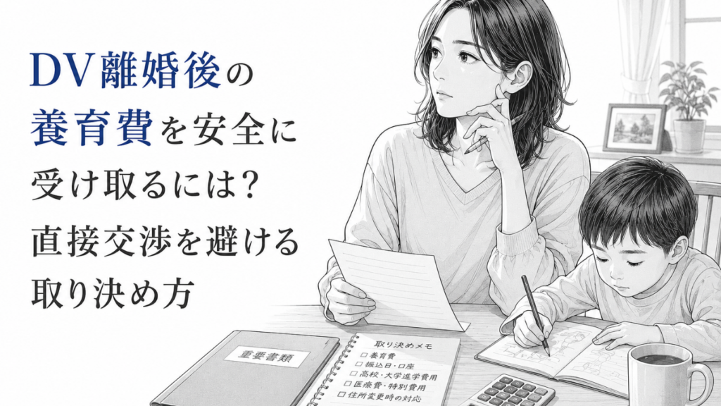 子どものそばで養育費の書類を確認し、安全な受け取り方法を考える母親のモノクロ漫画イラスト