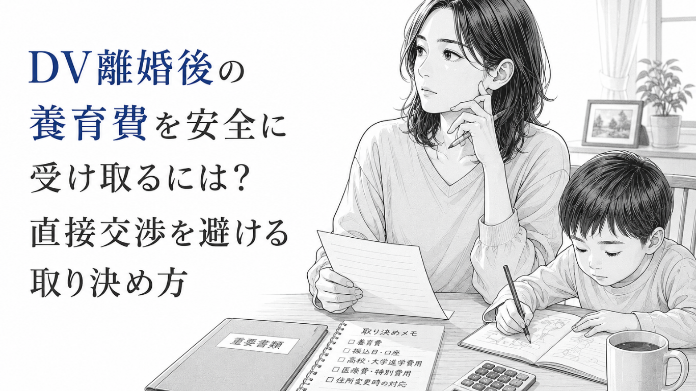 子どものそばで養育費の書類を確認し、安全な受け取り方法を考える母親のモノクロ漫画イラスト