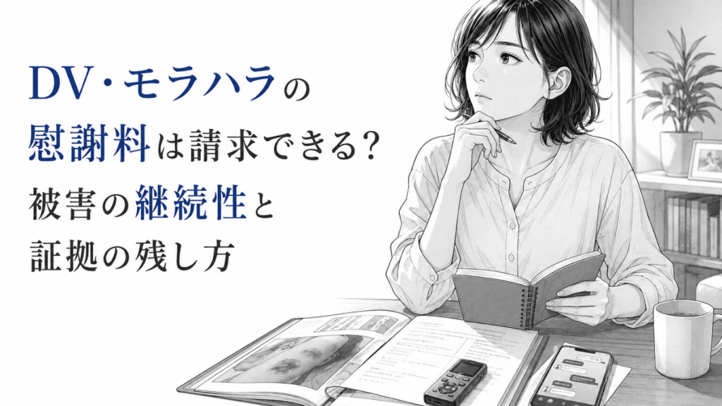 机上の記録や録音機器を前に、被害の継続性と証拠の残し方を考える女性のモノクロ漫画イラスト