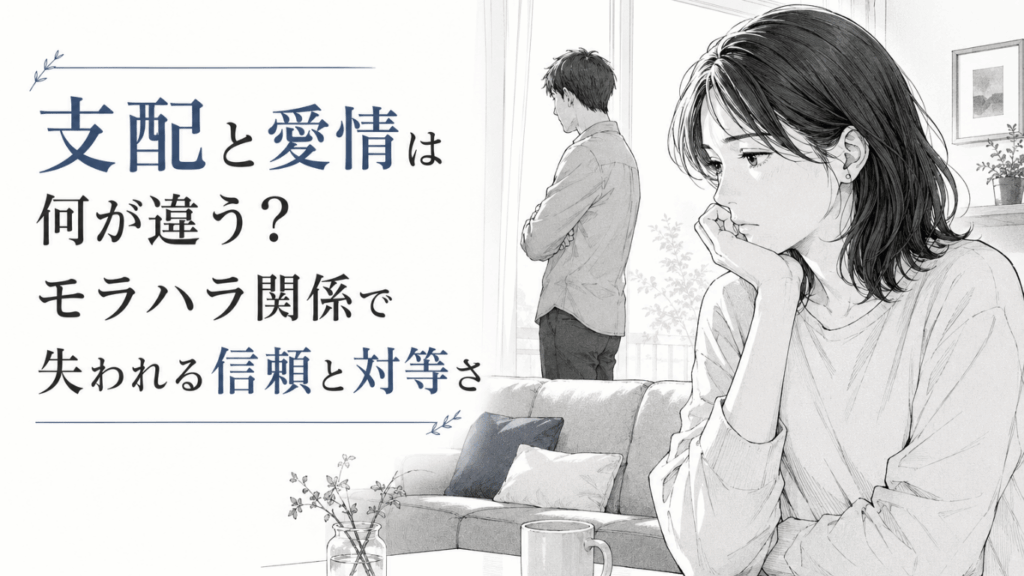 パートナーの支配的な態度に息苦しさを感じ、距離のある室内で信頼と対等さについて思い悩む女性