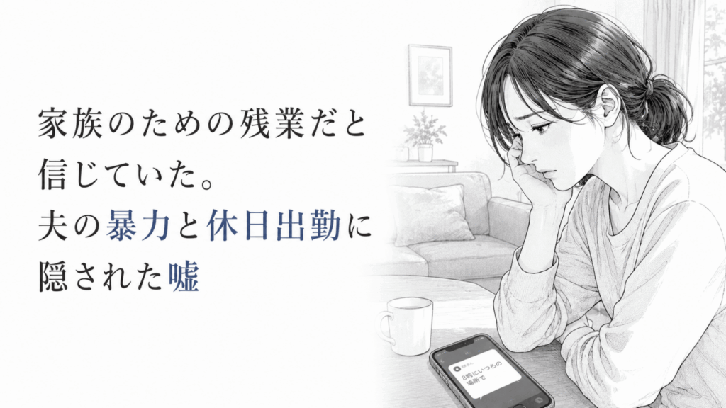 自宅のテーブルで夫のスマートフォン通知を見つめ、暴力と裏切りへの不安を抱える女性のモノクロ線画。