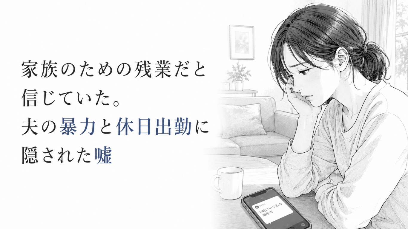 自宅のテーブルで夫のスマートフォン通知を見つめ、暴力と裏切りへの不安を抱える女性のモノクロ線画。